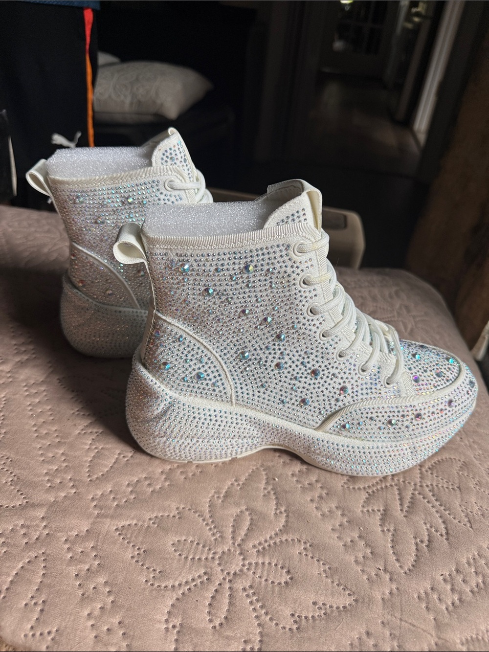 Sparkling White Rhinestone Lace-Up Platform Boots for Women